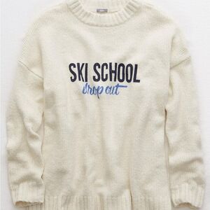 Aerie Cream Crewneck Sweater with Ski School Dropout Design